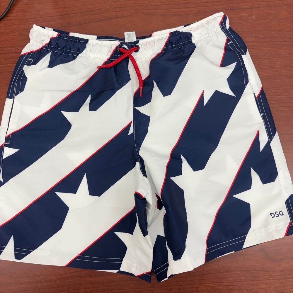 DSG Boys Rec Short Large 14-16 Stars Stripes Red White Blue Athletic Swim Trunks